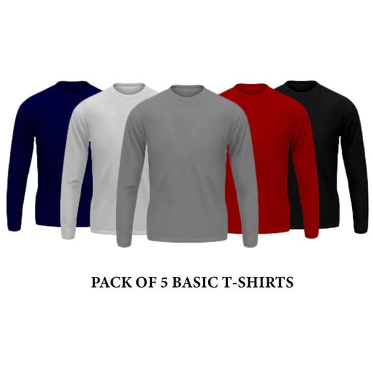 5 Pieces - Plain Round Neck Full Sleeves T-Shirts Menswear Top Casual