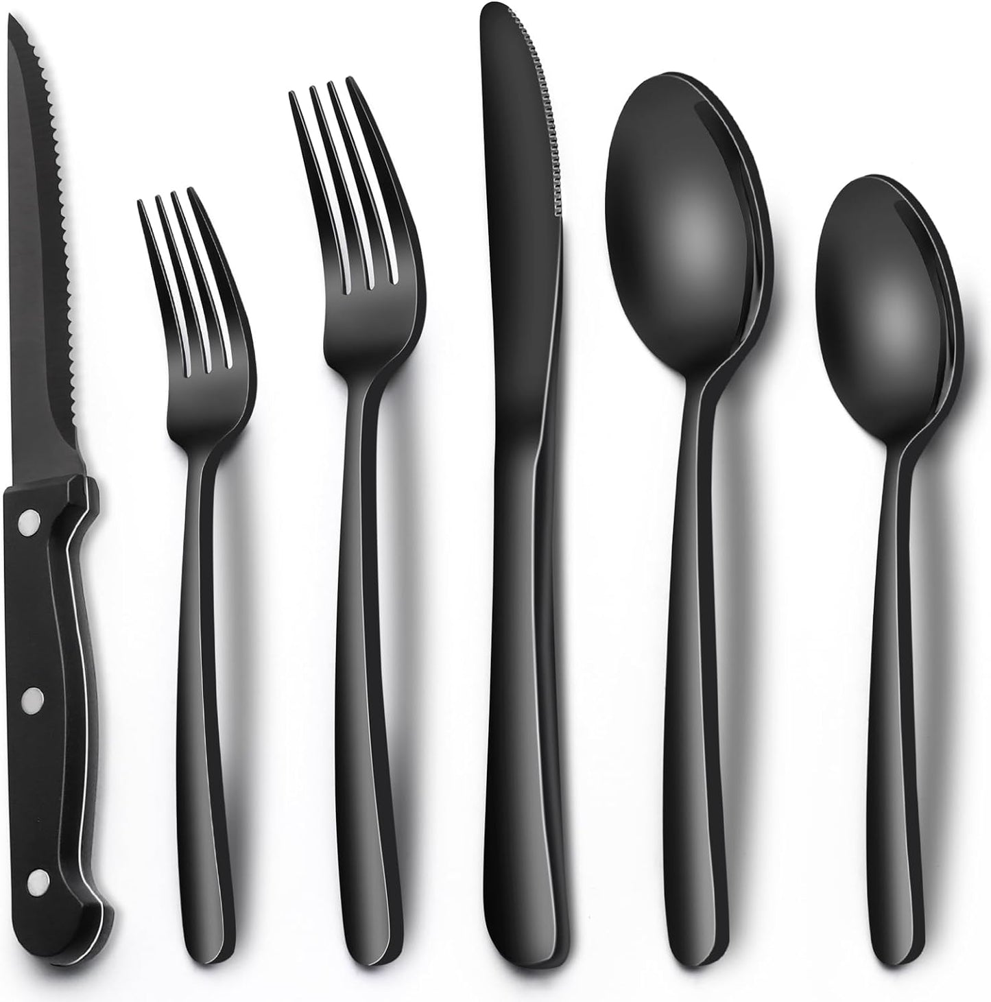 24-Piece Black Silverware Set with Steak Knives, Black Flatware Set for 4, Food-Grade Stainless Steel Tableware Cutlery Set, Mirror Finished Utensil Sets for Home Restaurant