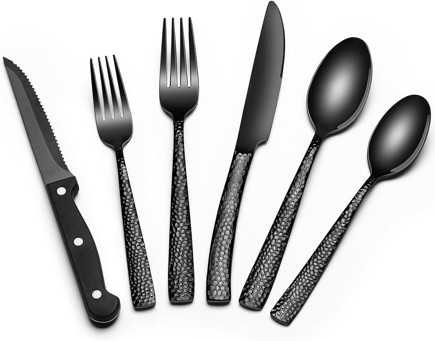 24-Piece Black Silverware Set with Steak Knives, Black Flatware Set for 4, Food-Grade Stainless Steel Tableware Cutlery Set, Mirror Finished Utensil Sets for Home Restaurant
