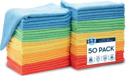 50 Pack Microfiber Cleaning Cloth, Bulk Microfiber Towel for Home, Reusable and Lint Free Cloth Towels for Car, Assorted Colors, 12 Inch X 16 Inch, 50 Count