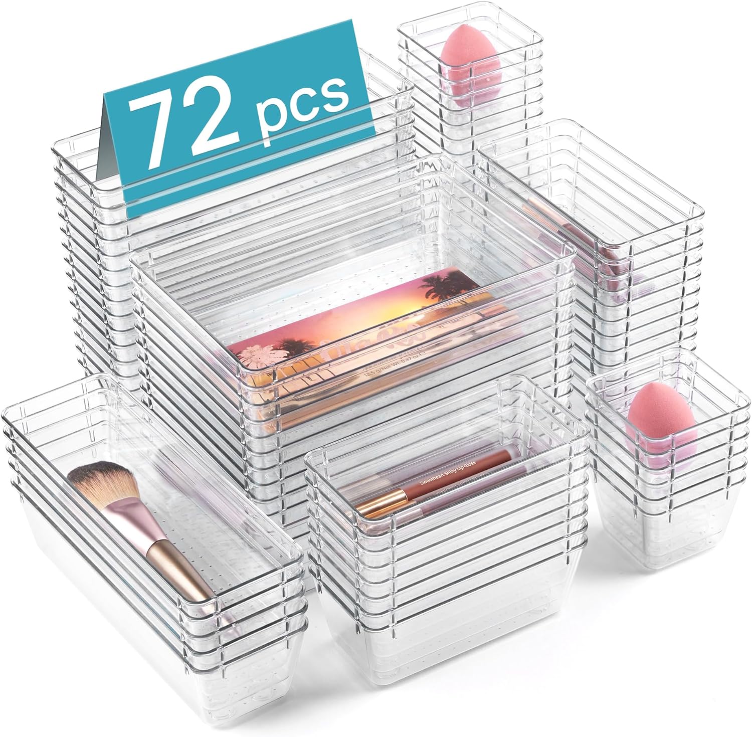 25 PCS Clear Plastic Drawer Organizers Set, 4-Size Versatile Bathroom and Vanity Drawer Organizer Trays, Storage Bins for Makeup, Bedroom, Kitchen Gadgets Utensils and Office